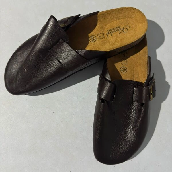 Brown Leather Slip-On palm Clog Sandals with Adjustable Buckle