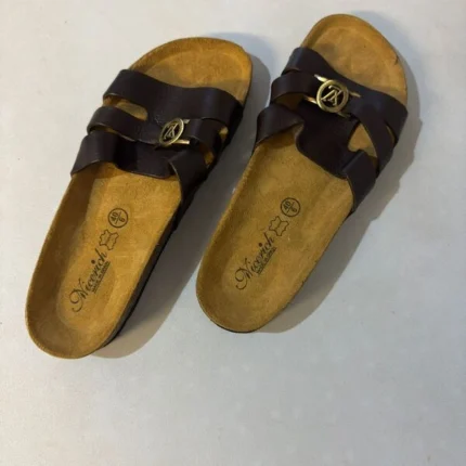 Men Brown Leather Slippers with Metal Logo Comfortable Casual Palm slides