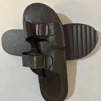 Men’s Black Double-Buckle Leather Slippers Adjustable Comfort Palm
