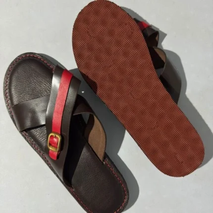 Men’s Genuine Leather Cross-Strap Slip on palm with Adjustable Buckle Brown & Red