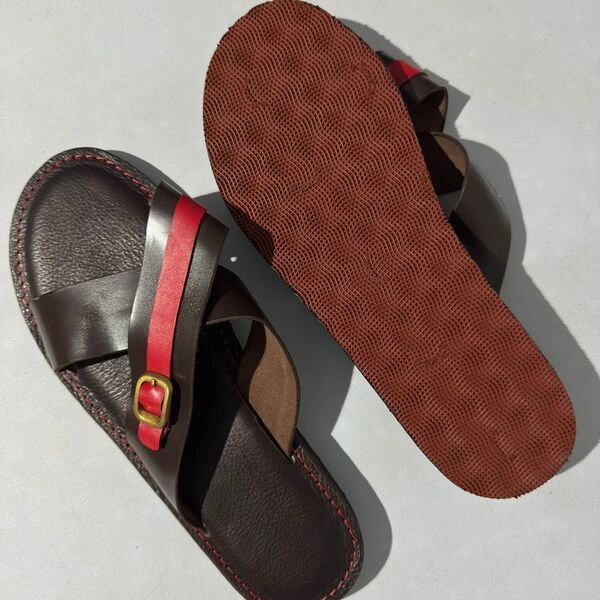 Men’s Genuine Leather Cross-Strap Slip on palm with Adjustable Buckle Brown & Red