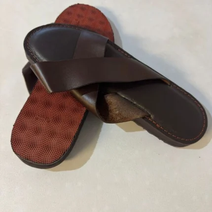 Men’s Genuine Leather Palm Cross-Strap Slip-On slides Brown