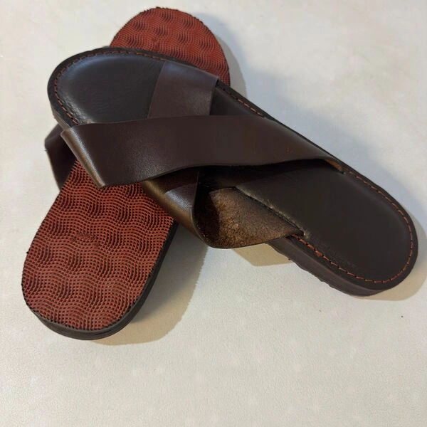 Men’s Genuine Leather Palm Cross-Strap Slip-On slides Brown