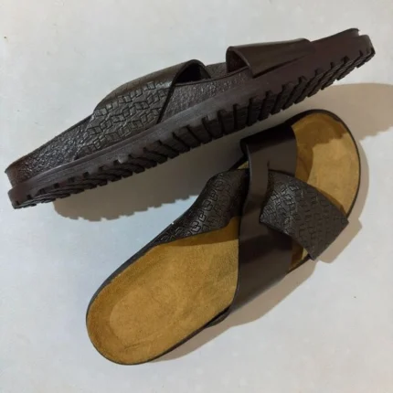 Men’s Textured Cross-Strap Comfort Slides Slippers Dark Brown