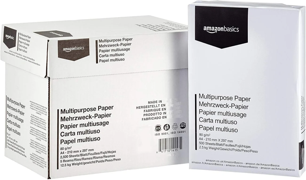 Amazon Basics A4 Printer Paper 80 GSM 5 Reams (2500 Sheets)