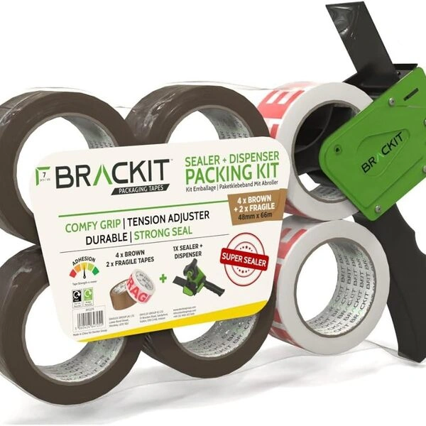 Brackit Packing Tape Set Brown Clear & Fragile Tape with Dispenser Brackit Packing Tape Set Brown Clear & Fragile Tape with Dispenser