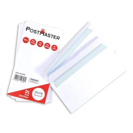 Postmaster DL Envelopes Peel & Seal 100GSM White Paper, 50 Pack