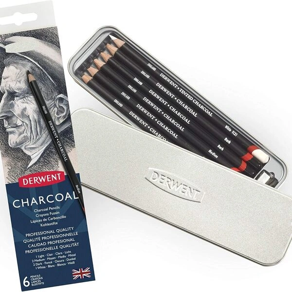 Derwent Charcoal Drawing Pencils Set of 6 with sharpener. Derwent Charcoal Drawing Pencils Set of 6
